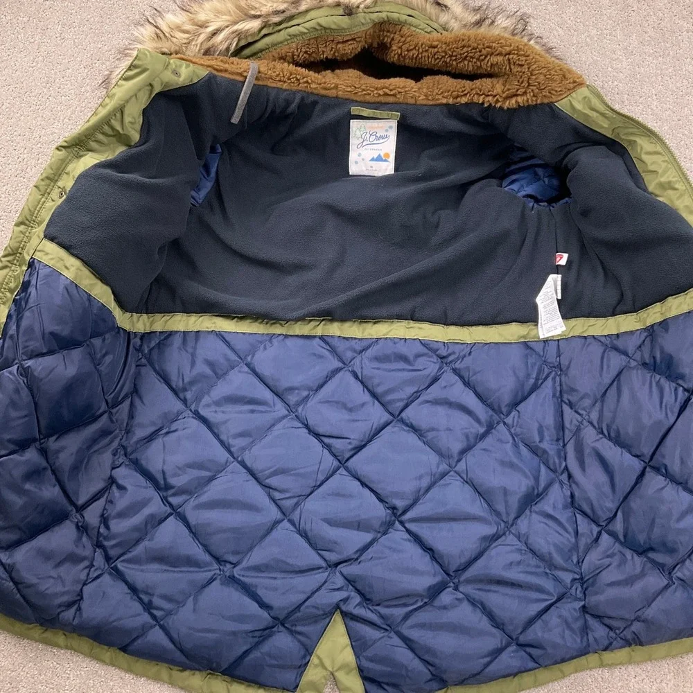 J. Crew Parka Womens‎ 16 Olive Green Faux Fur Hooded Lined Softshell Winter Coat